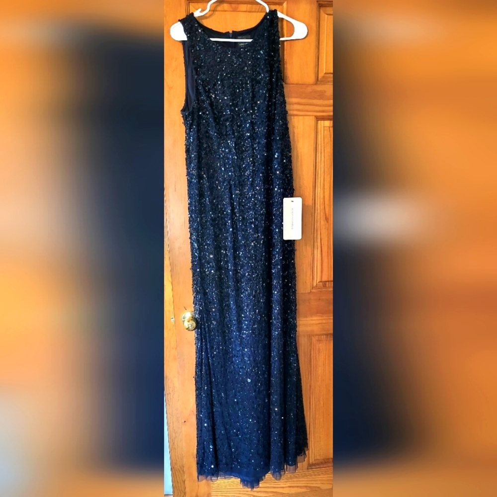 Adrianna Papell Navy Sequins Halter Crunch Long Gown